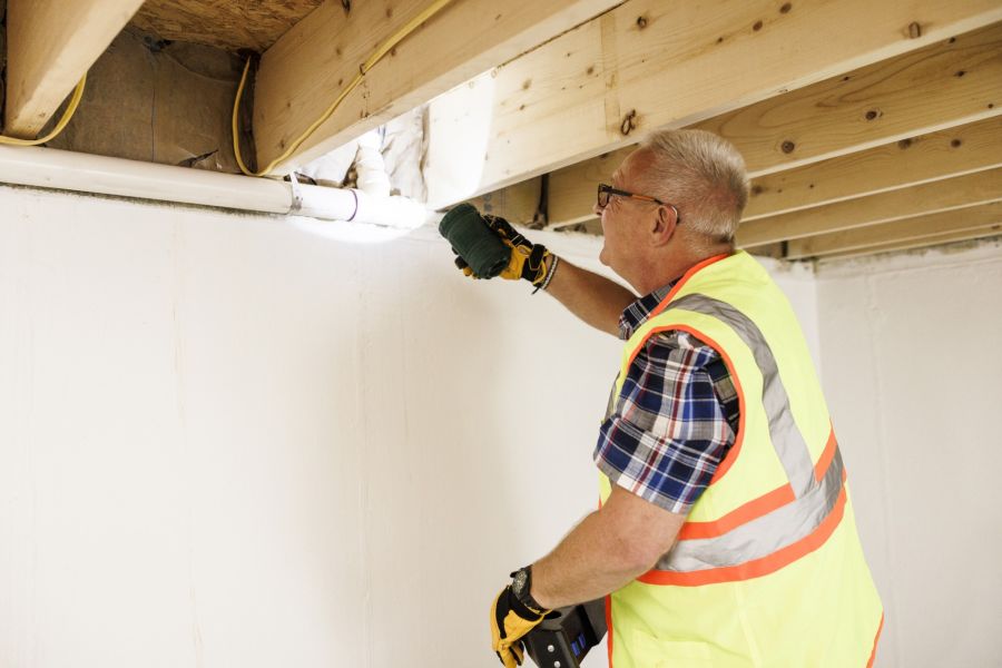 Leak detection technician inspecting a basement pipe beneath exposed floor joists
